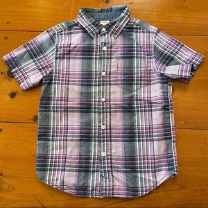 Like New Gymboree Boys Short Sleeve Button Down Purple Plaid Collar 100% Cotton